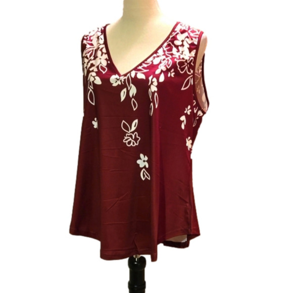 Floral Print Tunic White on Burgundy V Neck Sleeveless Stretch Women 3XL (US 18) - Picture 1 of 9